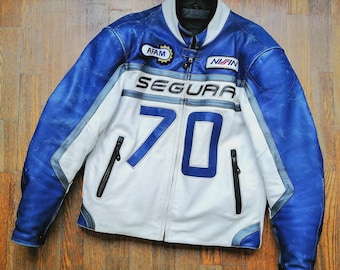 Vintage Segura 70 leren motorracejas heren retro blauw witte motorrijder MotoGP-jas