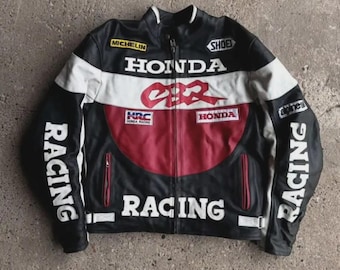 Vintage Honda CBR Racing Leather Jacket Men’s Black Red MotoGP Motorcycle Biker Coat