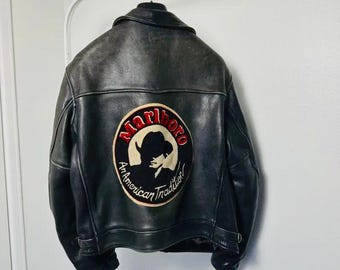 Chaqueta de cuero Marlboro vintage negra, estilo americano tradicional, chaqueta retro de motociclista para hombre.
