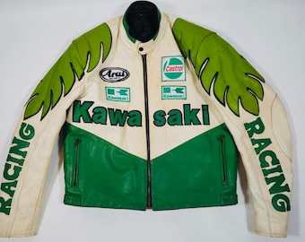 Chaqueta de moto de cuero verde y blanco Kawasaki Racing, estilo vintage, para motociclistas, equipo de protección para la conducción.