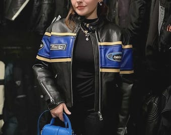 Vintage Helstons Racing leren motorjas zwart blauw retro biker riding jas heren
