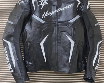 Chaqueta de moto de cuero Suzuki Hayabusa para hombre, color negro y blanco, estilo retro MotoGP.