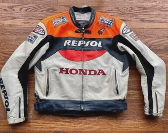Chaqueta de moto de cuero Honda vintage roja y blanca, estilo retro, para motociclistas.