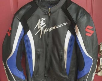 Chaqueta de moto Suzuki Hayabusa de cuero azul y negro, estilo vintage, para motociclistas de carreras.