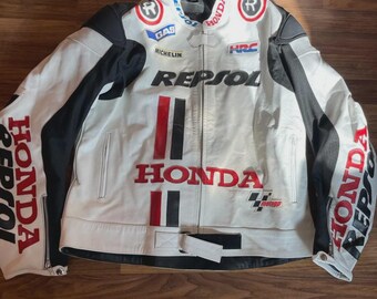 Chaqueta de moto de cuero blanco Honda Repsol, estilo vintage, para motociclistas de MotoGP.
