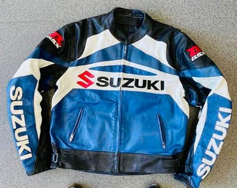 Vintage leren racejack Suzuki GSXR blauw wit retro motorbikerjas voor heren