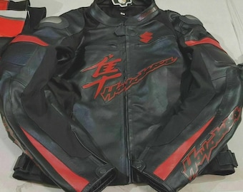 Chaqueta de moto de cuero negro y rojo Suzuki Hayabusa, estilo vintage, para motociclistas, equipo de protección para la conducción.