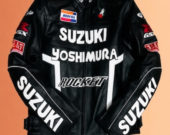 Chaqueta de moto Suzuki GSX R de cuero negro, estilo vintage, para motociclistas de carreras.