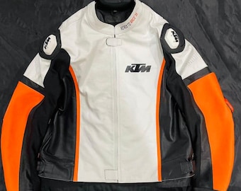 Chaqueta de moto KTM de cuero blanco y naranja, estilo vintage, para motociclistas de carreras, equipo de protección para la conducción.