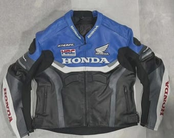 Vintage Honda CBR blauw zwart leren motorracejas retro MotoGP motorrijder jas