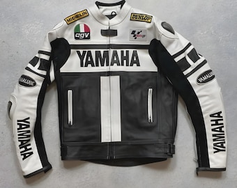 Chaqueta de moto Yamaha de cuero blanco y negro, estilo vintage, para motociclistas de carreras MotoGP. Equipo de protección para motociclistas.