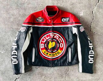 Chaqueta de carreras Bultaco Cemoto CE vintage de piel de vacuno blindada – Réplica retro de equipamiento de motociclista de MotoGP