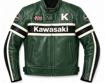Chaqueta de moto Kawasaki de cuero verde, estilo vintage, para motociclistas de carreras, equipo de protección para la conducción.