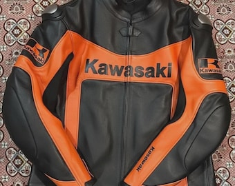 Chaqueta de moto de cuero Kawasaki negra y naranja, armadura de motociclista de carreras, equipo de protección para montar en moto.