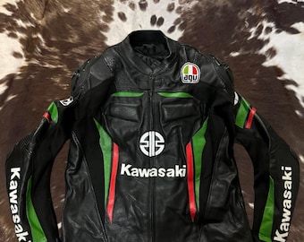 Chaqueta de moto de cuero negro Kawasaki – Rayas verdes y rojas, logotipo AGV.