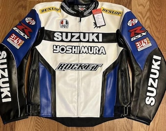 Chaqueta de moto de cuero Suzuki Yoshimura GSX-R blanca y azul, equipo de protección para motociclistas de carreras.