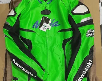 Chaqueta de moto Kawasaki Ninja de cuero verde, estilo vintage, para motociclistas de carreras, equipo de protección para la conducción.