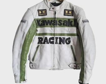 Chaqueta de moto de cuero blanca y verde Kawasaki Racing estilo vintage, ropa de motociclista retro para hombre.