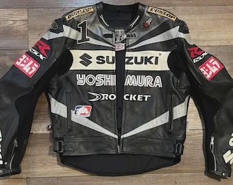 Chaqueta de moto de cuero Suzuki GSXR Yoshimura, color negro y blanco, para carreras y protección del motorista.