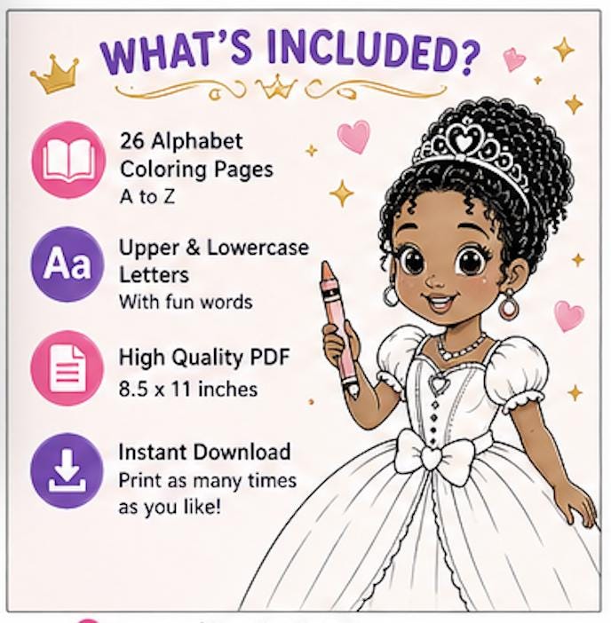 Black Princess Alphabet Coloring Book, ABC Learning Pages for Kids ...