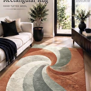 Modern Swirl Wool Rug, Rectangular Hand Tufted Area Carpet for Living Room