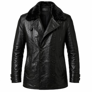 May include: A black leather coat with a double-breasted design and a faux fur collar. The coat features a notched lapel, button closures, and adjustable cuffs. The coat is a classic style, suitable for cold weather.