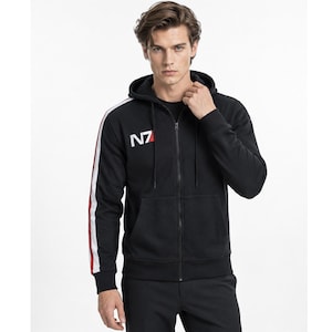 N7 Mass Effect Zip Hoodie | Commander Shepard Black Fleece Zipper | Sci-Fi Gaming Gift
