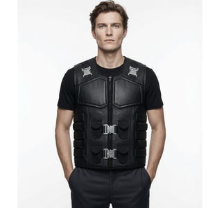 May include: A black tactical-style vest featuring a front zipper closure, two silver-toned metal buckles, and padded paneling. The garment includes multiple rectangular segments and integrated straps across the front, providing a structured appearance.