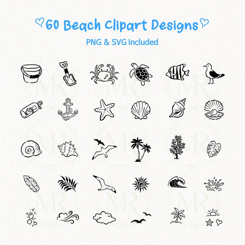 68 Hand-drawn Beach Vacation Doodle Clipart & Frames Bundle, PNG SVG ...