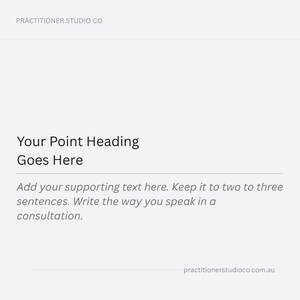 May include: A light grey background with the text "PRACTITIONER STUDIO CO" at the top. The text "Your Point Heading Goes Here" is displayed. Supporting text is included, along with a website address.
