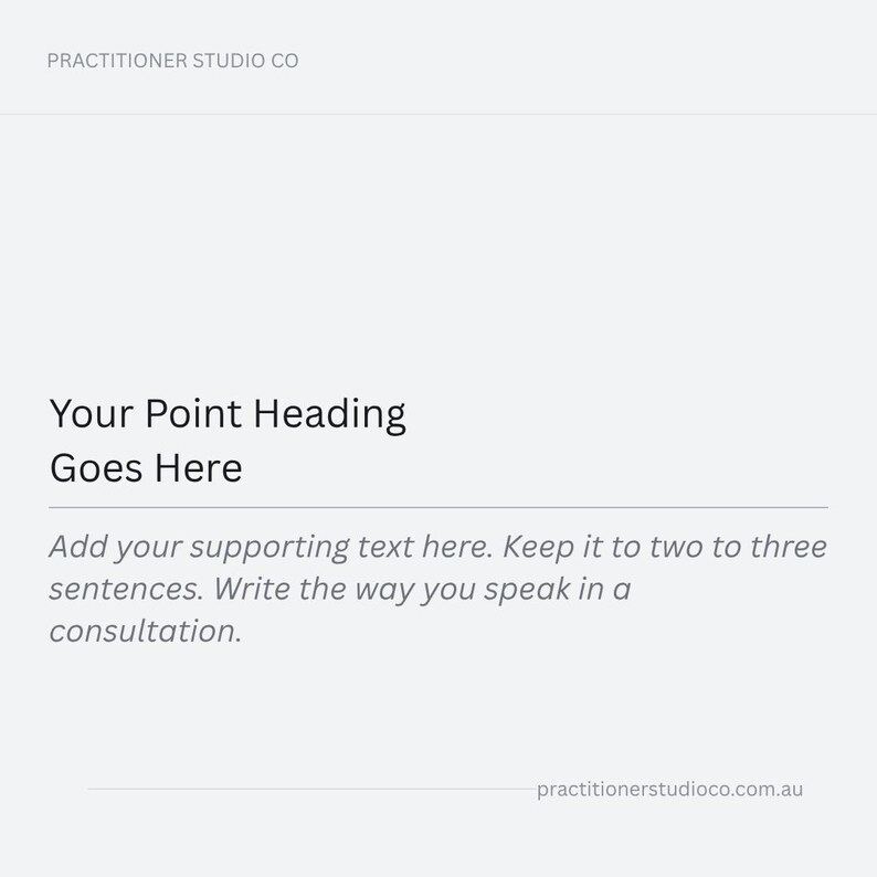 May include: A light grey background with the text "PRACTITIONER STUDIO CO" at the top. The text "Your Point Heading Goes Here" is displayed. Supporting text is included, along with a website address.