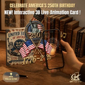 Interactive 250th Anniversary Card - Magic 3D Animation 4th of July Printable Greeting Card,  Patriotic Desk Art Decor, US Birthday Gift
