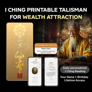 May include: A gold-toned rectangular talisman featuring I Ching symbols and Chinese calligraphy. Two smartphones display a personalized divination reading for Robert Davis, including a turtle icon and text about wealth and finance.