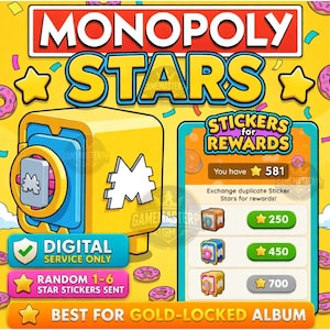 Puede incluir: Un gráfico digital del juego Monopoly Stars que muestra una caja fuerte amarilla con un logo M blanco, un menú de recompensas con 581 estrellas y texto que incluye Stickers for Rewards, Digital Service Only y Best for Gold-Locked Album.