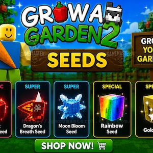 以下が含まれることがあります： Grow Garden 2のデジタルグラフィック。人参を持つブロック状のキャラクターが描かれています。テキストには「Grow Garden 2」、「Seeds」、「Grow Your Garden」、「Shop Now」とあります。Ghost Pepper、Dragon's Breath、Moon Bloom、Rainbow、Goldの5つの種アイコンが表示されています。