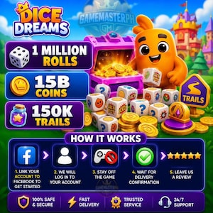 Può includere: Grafica promozionale per "Dice Dreams" con un personaggio arancione, dadi, monete e un forziere. Il testo evidenzia "1 Million Rolls", "15B Coins" e "150K Trails". Le istruzioni spiegano come collegarsi a Facebook e attendere la consegna.