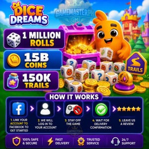 May include: A promotional graphic for Dice Dreams featuring an orange character, a purple treasure chest filled with gold coins, and white dice. Text displays 1 Million Rolls, 15B Coins, and 150K Trails. A five-step guide explains how to link a Facebook account.
