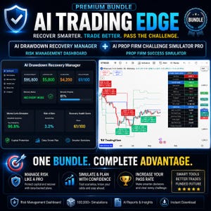 Könnte beinhalten: Eine digitale Marketinggrafik für das AI Trading Edge-Paket. Sie zeigt das Dashboard des AI Drawdown Recovery Managers und ein TradingView-Diagramm für ETHUSD. Der Text enthält "Premium Bundle" und "One Bundle, Complete Advantage."