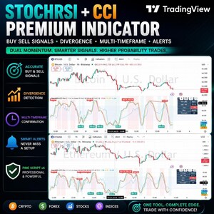 May include: A digital trading chart display titled STOCHRSI + CCI PREMIUM INDICATOR featuring Bitcoin and Ethereum price graphs with technical analysis overlays, buy and sell signal markers, and a sidebar listing features like accurate signals and alerts.
