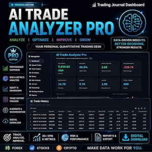 May include: A digital AI Trade Analyzer Pro dashboard featuring a dark interface with blue neon accents. It displays quantitative trading metrics like net profit, win rate, and profit factor, alongside a detailed trade history table for forex, stocks, and crypto.