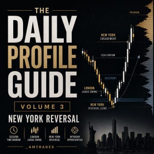 May include: A black graphic poster titled THE DAILY PROFILE GUIDE VOLUME 3 NEW YORK REVERSAL. It features a V-shaped candlestick chart with labels for Premium, New York Engagement, Equilibrium, Discount, London Judas Swing, and New York Reversal.