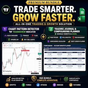 Paket med kalkylblad och indikatorer för diagrammönster för handelsdagböcker | Planerare för sammansatt tillväxt i Google Sheets i Excel | TradingView Pine Script Alert