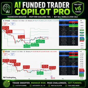 Könnte beinhalten: Ein digitales Dashboard mit dem Titel AI Funded Trader Copilot Pro, das zwei Finanzdiagramme für ETHUSD und BTCUSD zeigt. Die Benutzeroberfläche enthält Echtzeit-Handelsdaten, Kauf- und Verkaufssignale, Risikoberechnungsmetriken und Tools zur Herausforderungsverfolgung.