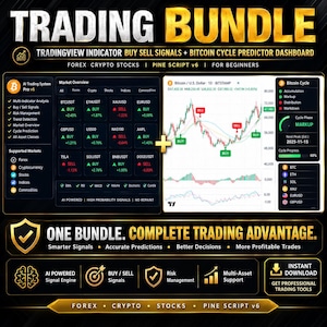 Trading Bundle TradingView Indicator Buy Sell Signals + Bitcoin Cycle Predictor Dashboard | Forex Crypto Stocks Pine Script v6 for Beginners