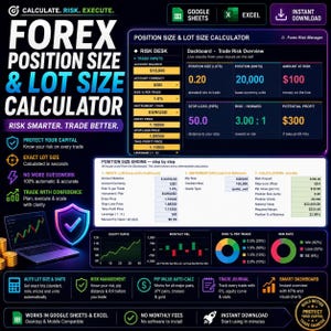 May include: A digital Forex position size and lot size calculator dashboard for Google Sheets and Excel. The interface displays trade inputs, risk management metrics, equity curves, and performance charts in a dark theme with neon accents.