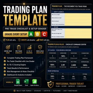May include: A digital trading plan template featuring a pre-trade checklist and setup grader. The document includes sections for identity, markets, and edge, alongside a dashboard for tracking performance, win rates, and grade distribution for traders.