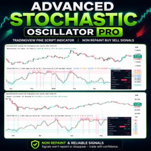 以下が含まれることがあります： Advanced Stochastic Oscillator Proトレーディングインジケーターのデジタルグラフィック。価格トレンド、テクニカル分析ライン、データパネルを備えた2つの金融チャートが表示されています。テキストには、Advanced Stochastic Oscillator Pro、TradingView Pine Script Indicator、Non Repaint Buy Sell Signals、Non Repaint & Reliable Signalsと記載されています。
