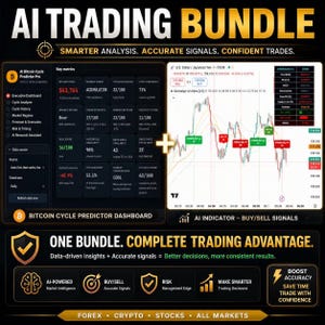 May include: An AI Trading Bundle digital display featuring a Bitcoin Cycle Predictor dashboard with key metrics and an AI indicator chart showing buy and sell signals. The graphic includes text stating AI TRADING BUNDLE and ONE BUNDLE. COMPLETE TRADING ADVANTAGE.