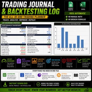 May include: A digital trading journal and backtesting log for Google Sheets and Excel. The interface displays a performance dashboard with financial metrics, a bar chart for R-multiple distribution, and sections for trade logs, analysis, and settings.