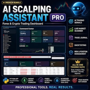 Può includere: Una dashboard digitale intitolata AI Scalping Assistant Pro per il trading Forex e Crypto. L'interfaccia mostra un centro di comando con metriche su stato del mercato, forza del trend, volatilità e probabilità di vincita.